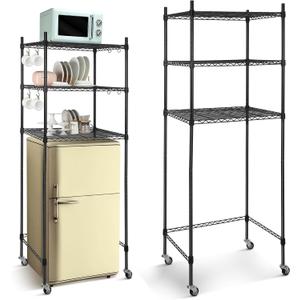 Tioncy 3 Tier Mini Fridge Shelf Microwave Stand Adjustable Fridge Storage Rack with Lockable Wheels and 8 Hook Multilayer Metal Shelving Organizer for Dorm Apartment Kitchen Office Bathroom(Black)