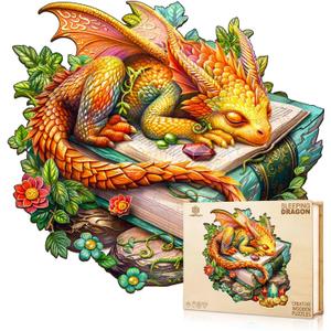 Jigfoxy Wooden Puzzle for Adults, Sleeping Dragon Wooden Jigsaw Puzzles for Adult, Unique Animal Shape Wood Cut Puzzles, Christmas Thanksgiving Gifts for Friends Family (M-11.4 * 10.9in-200pcs)