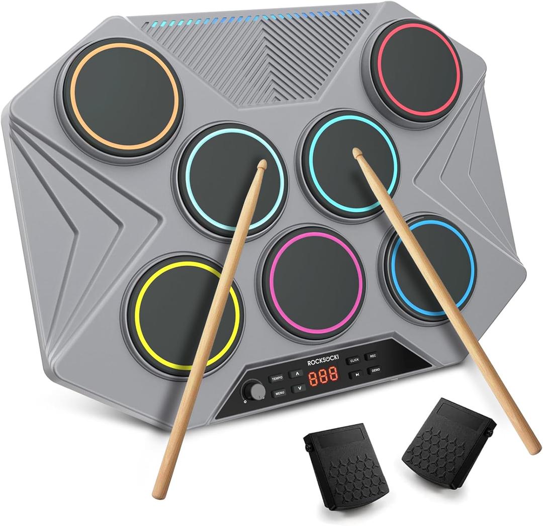 ROCKSOCKI Electronic Tabletop Drum Set, Portable Digital Drum Kit 7 Velocity Sensitivity Drum Pads, LED Music Level Light, USBMIDI Mac & PC Support, Ideal Gift for Adult and Beginners