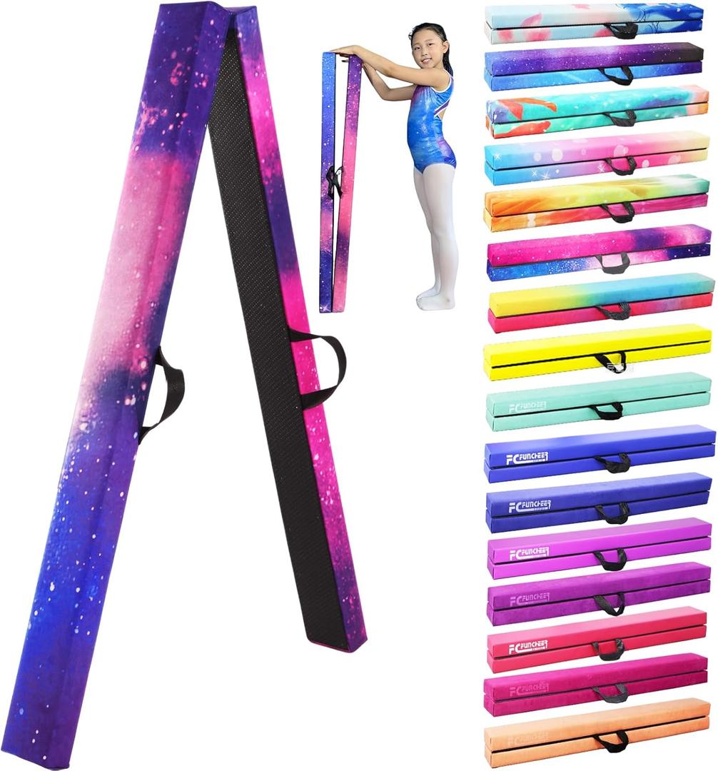 8FT Folding Balance Beam -Gymnastics Floor Beam -Gymnastics Equipment for Kids,Wood core- Anti-Slip Bottom and Carrying Bag for Home (Magic Star-Purple)