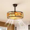 19.7" Boho Caged Crystal Ceiling Fan with Lights and Remote, Flush Mount Enclosed Handmade Rope Ceiling Fan, Low Profile Reversible Fandelier Bladeless Chandelier Fan Light for Bedroom