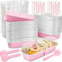 Mini Loaf Pans with Lids and Spoons Rectangular Aluminum Foil Baking Pans Mini Cheesecake Containers 6.8oz(120 Pack, Pink)