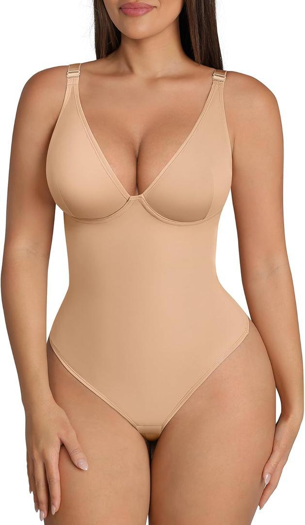 FeelinGirl Shapewear Bodysuits for Women Tummy Control Body Suits Deep V Neck Thong Body Shaper (Large, Clay)