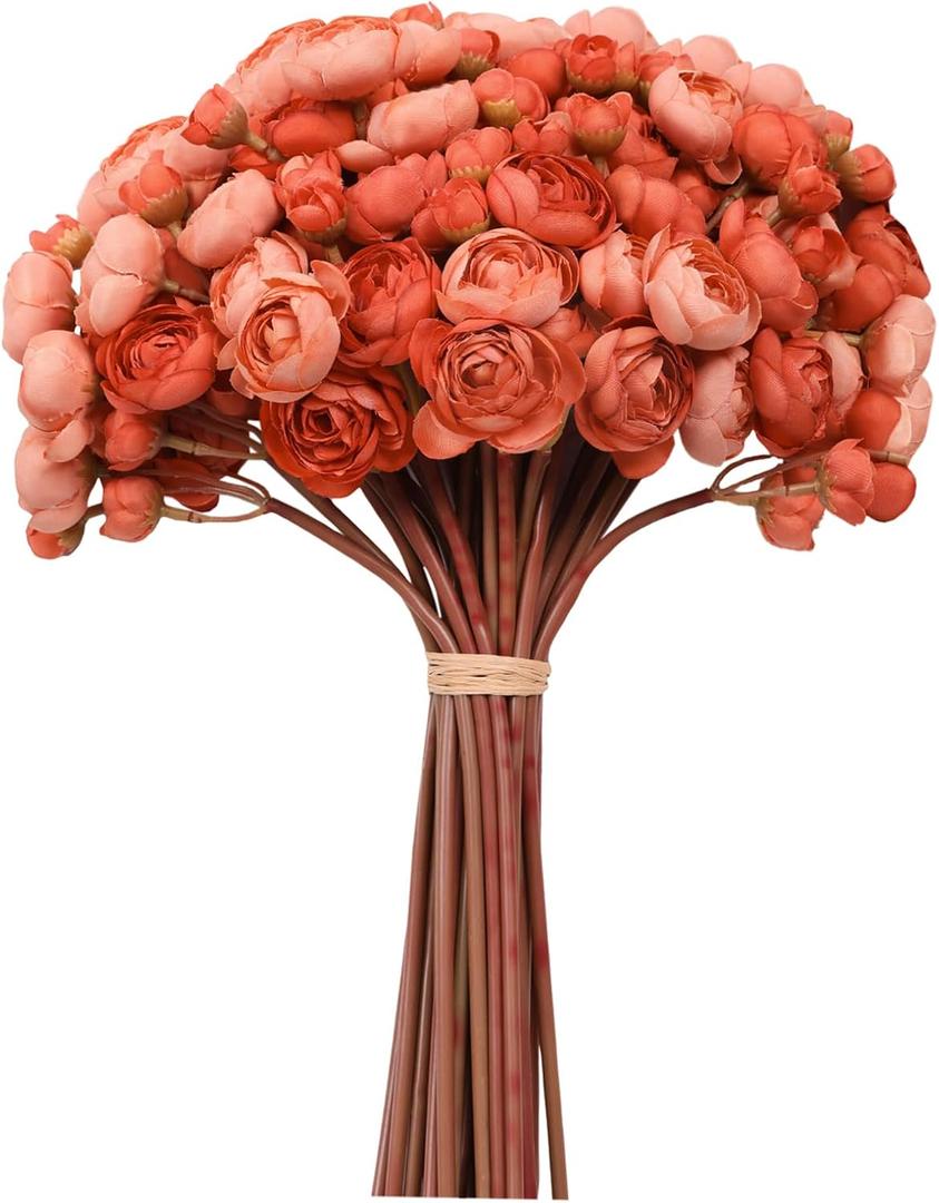 32Pcs Ranunculus Artificial Flowers Burnt Orange - Faux Silk Mini Peonies for DIY Wedding Bouquet, Home Decor, Bridal Shower Centerpieces