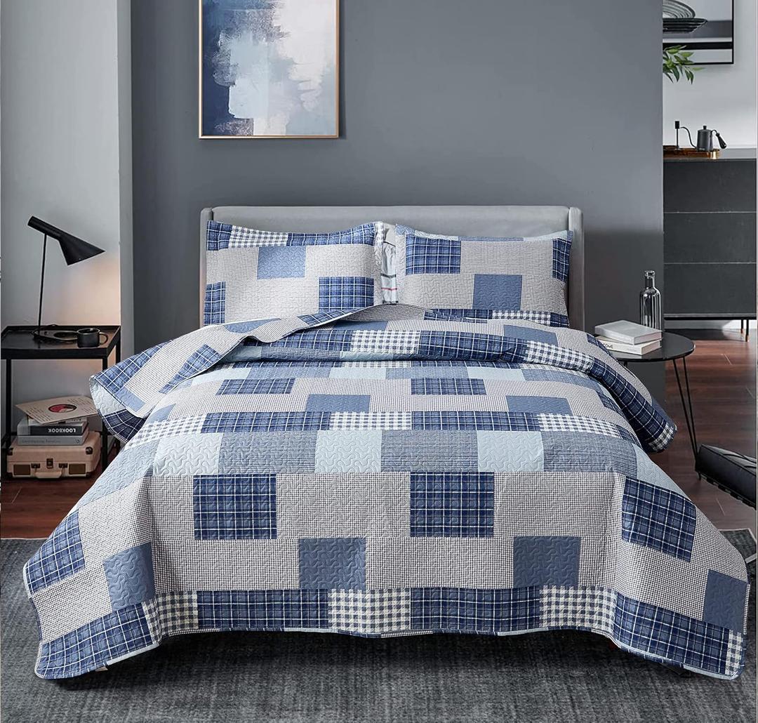Bedspread Set Queen/Full Size Plaid Quilt Bedding Queen Grey Blue Patchwork Modern Lightweight Quilt Bedspread Home Reversible Coverlet-Soft Polyester 3 Piece Quilt Set Collection
