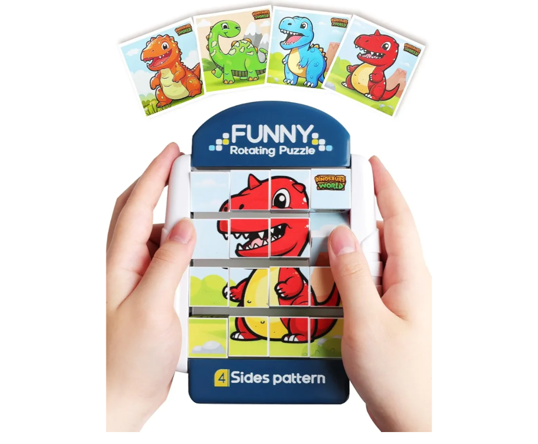 16-Piece Rotating Puzzles for Kids 4-6, Toddlers Puzzles 2-4, Road Trip, Airplane Activities Game, Travel Toys - Brain Teaser, Fine Motor Skills - Birthday Gifts Boys Girls - Dinosaur