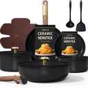 CAROTE 15Pcs Ceramic Cookware Set, Pots and Pans Set Non stick, Kitchen Cooking Set with Detachable Handle, Non Toxic Induction Cookware, Dishwasher/Oven Safe, PFAS Free, Black&Gold