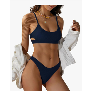 ZAFUL Women's Cutout Bikini Sets Scoop Neck Back Criss Cross Tie Ribbed High Cut Bikini Swimsuit Two Piece Bathing Suits, S