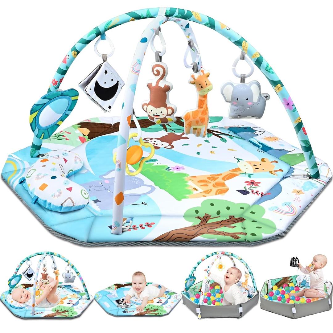 Baby Gym Play Mat, 8in1 Tummy Time Mat & Ball Pit with 6 Toys, Washable Baby Activity Play Mat for Visual, Hearing, Sensory, Motor Development, Baby Toys Gift for Toddler Infant 036912 Months