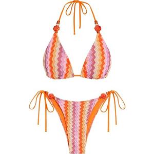 ZAFUL Bikini Sets for Women Sexy Two Piece Swimsuits High Cut Cheeky Thong Bathing Suit Beads Striped Halter Triangle Swimsuit Push Up Bikini Top with Low Rise Bottoms Retro Swimwear 2025 Orange S