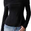 Women's Off The Shoulder Tops Fall Fold Over Long Sleeve Fitted T Shirts Going Out Outfits (Black, S)