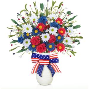 4 Bundles Artificial Red White and Blue Flowers with Patriotic Bows in Vase for Tables Centerpieces Decor 4th of July Independence Day Floral Arrangement Memorial Day Decorations