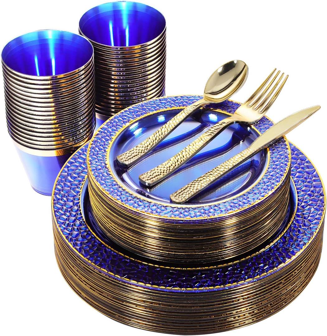 Nervure 150PCS Clear Blue Plastic Plates - Gold Party Plates - Blue and Gold Dinnerware Set Include: 50 Disposable Plate, 25Cups, 25Forks, 25Knives, 25Spoons for Wedding & Party & Hanukkah