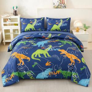 Twin Dinosaur Comforter Set for Boys 5 Pieces Cartoon Dinosaur Bedding Set Dark Blue Dino Bed in A Bag for Kids Teens Soft Fluffy Bed Set All Seasons(Dark Blue Dinosaur, Twin)