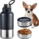Insulated Dog Water Bottle with 2 Bowls, 32oz Travel Stainless Steel Double Wall Thermos, Portable Pet Dispenser, Gifts for Puppy Small Medium Dogs Walking Hiking and Camping (Matte Black)