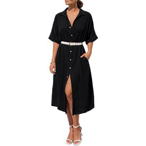 LILLUSORY Summer Long Shirt Dresses for Women 2026 Beach Vacation Outfits Casual Button Down Short Sleeve Swimsuit Coverup (Black, Large)