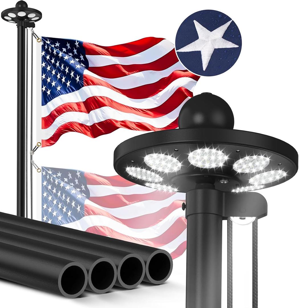 11 Gauge Heavy Duty Flagpole Kit with 136 LED Solar Light, 2.3mm Extra Thick Flag Poles 25FT for Outside House in Ground, 120MPH Wind Tested, 3x5 Thickened USA Flag for Outdoor, Black
