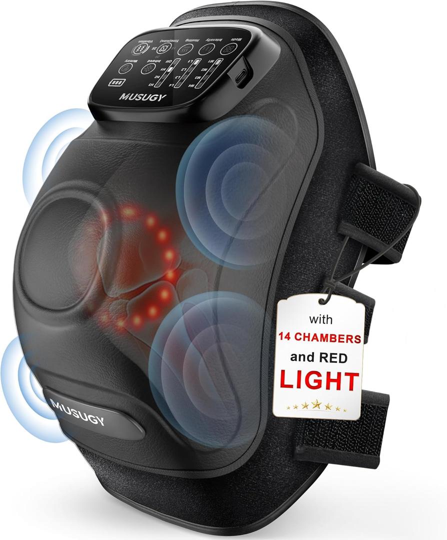 Knee Massager with Heat and Red Light Therapy : 4-in-1 Compression Massage with 14 Chambers & Vibration for Pain Relief, Cordless Home Office Use for Seniors and Active Adults, FSA-HSA Eligible (Black)