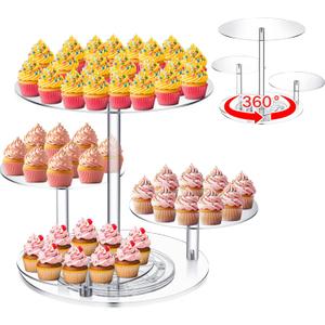 Tiered Cupcake Display Stand Rotatable Cake and Cupcake Tower Stand Combo Clear Acrylic Cake Holder with Tiered Tray for Dessert Pastry Birthday Wedding Party Table(4 Tire and Round)