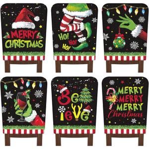 FuWeave 6 Pcs Lime Green Black Christmas Chair Covers Christmas Chair Back Covers Xmas Chair Protector Slipcovers Washable Winter Dining Room Seat Covers for Home Hotel Kitchen Decorations
