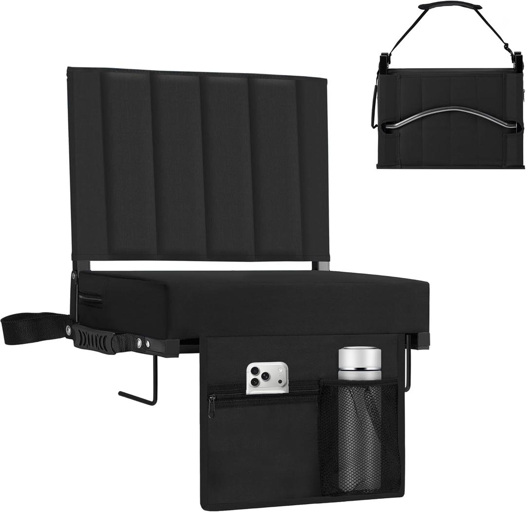 Stadium Seat for Bleachers with Back Support, Portable Bleacher Seat with Wide Comfy Padded Cushion, Metal Hook, Folding Stadium Chair with Shoulder Strap, Carry Handle, Cup Holder (Black)