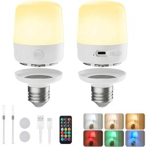 Minetom E26 Rechargeable Light Bulbs with Remote and Timer, Battery Backup Bulb with 12 Colors and Brightness Dimmable, 2300mAh 40W Equivalent LED Light Bulbs for Lamps Sconces Camping, 2 Pack