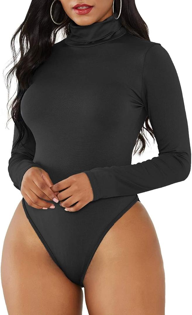 American Trends Womens Long Sleeve Bodysuit Mock Turtleneck Body Suit Tops Sexy Fashion Going Out Leotards Jumpsuit (Small, Black)
