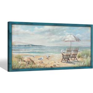 Seascape Wooden Framed Wall Art: Abstract Beach Chair Picture Coastal Seagull Print Blue Ocean Painting Large Textured Seaside Artwork for Bathroom 48"x24"