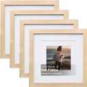 KINLINK 8x8 Picture Frame, Natural Square Solid Wood Frames for Pictures 4x4 and 6x6 with Mat or 8x8 without Mat, Wall and Tabletop Display Photo Frames Natural Wood 4 Pack