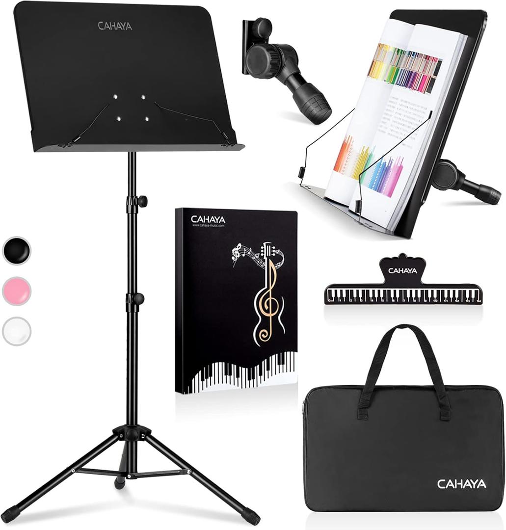 CAHAYA 5 in 1 Dual-use Sheet Music Stand & Desktop Book Stand Metal Portable Solid Back Height Adjustable from 31.4-57in with Book Stand Support, Carrying Bag, Sheet Music Folder and Clip (Black)