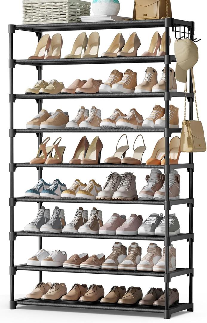 Kitsure Shoe Rack for Closet - 9-Tier Shoe Organizer with Hook Rack, Large-Capacity & Space-Saving Shoe Shelf for Entryway, Bedroom, Living Room,32.2"x11.8"x55.1", Black