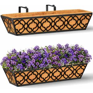24 Inch Railing Planter Box with Coco Liner, Adjustable Metal Hanging Planter, Window Box for Balcony Deck Fence, Outdoor Flower Box Black, 2 Pack