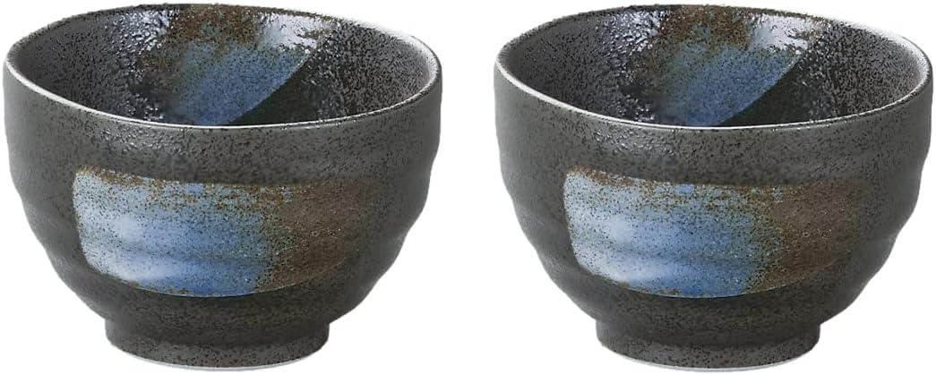 Japanese Mino Ware Ceramic Rice Bowls Set, 4.1 inches in diameter H2.76 inches 11 Fluid Ounces, Chawan Black in Blue Point Pattern, Set of 2, TG42526