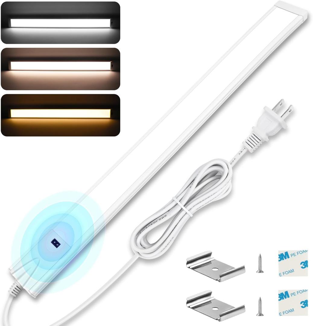 16 Inch Under Cabinet Lights Plug in, 96 LED with Hand Wave, 3 Colors Dimmable Under Cabinet Lighting, 8W 500 Lumen, Under Counter Lights for Kitchen Cupboard Closet Desk Office Garage,1 Pack