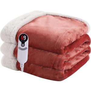 Heated Blanket Electric Blanket Full Size 72''x84'' with 9 Heating Levels, 1-10 Hour Auto Shut Off, Machine Washable, Flannel & Sherpa Soft Warming Blanket for Couch, Bed, Office - Brick Red