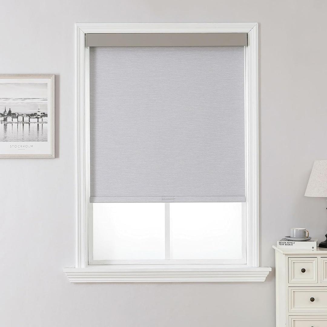 Joydeco 100% Blackout Roller Shades (Pro), Free-Stop Cordless Blinds for Windows, UV Protection, Natural Woven Blinds for Home and Office, Light-Proof Aluminum Cover (Light Grey, 27" W x 75" H)