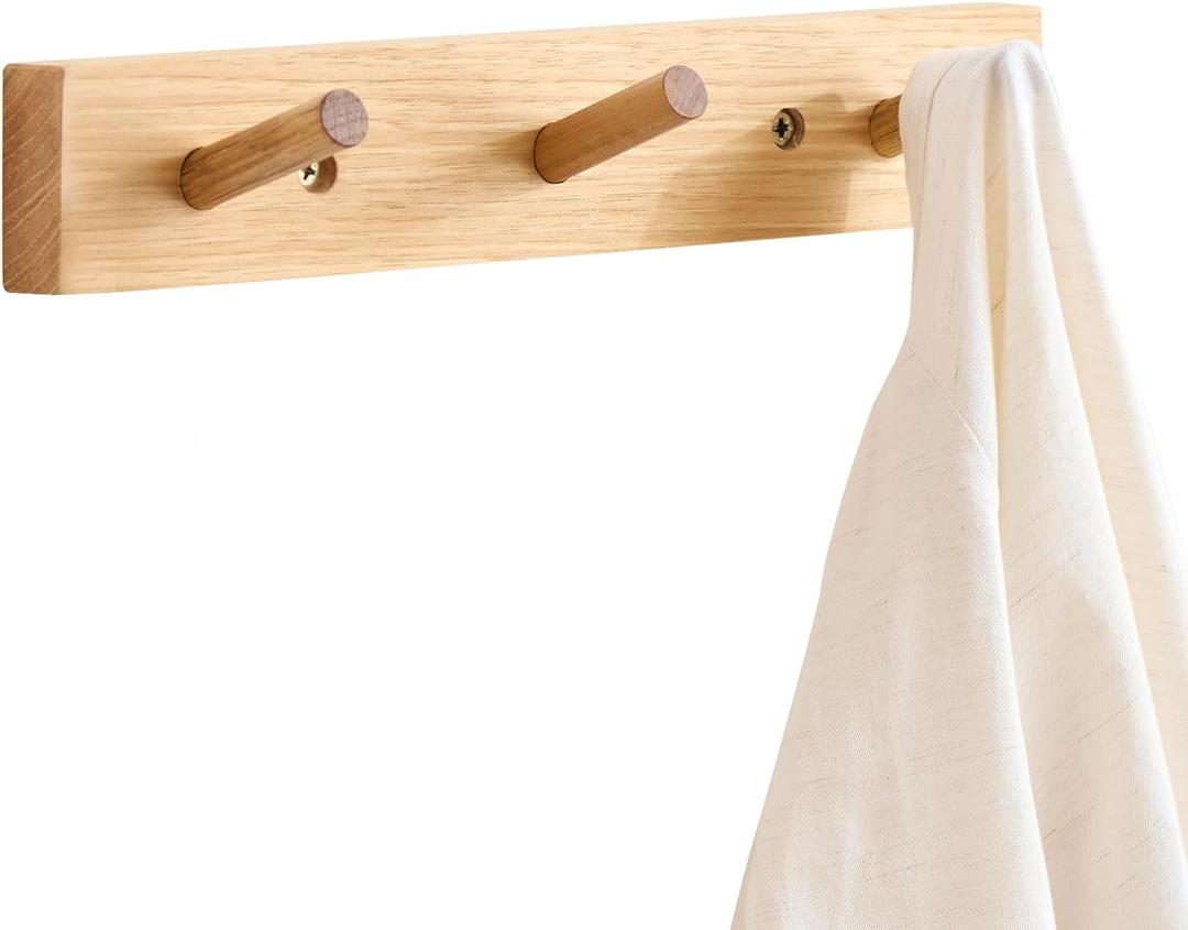 Wall Mounted Coat Rack 12 inches, Hickory Wood Wall Coat Hooks with 3 Hooks, Wooden Coat Hanger for Hanging Clothes Robes Towels Hats, Natural