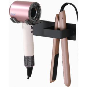 Hair Dryer Holder Wall Mounted, Stainless Steel Blow Dryer Holder for Bathroom, Hair Dryer and Straightener Holder Adhesive or Drilling, Hair Tool Organizer for Salon Barber Shops Black BANJEKT