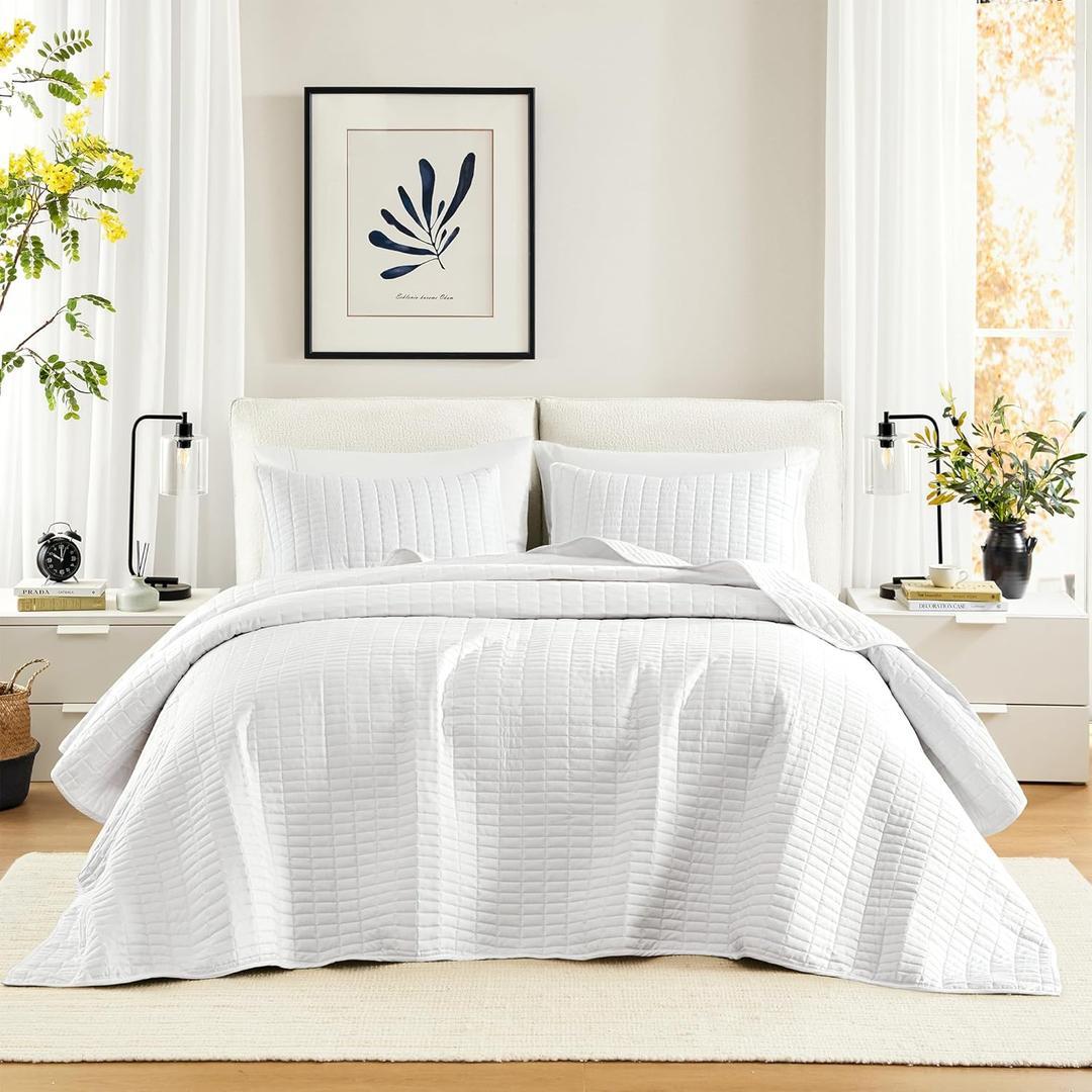 Comfort Spaces White Oversized King Quilt Set 120"x118" Bedspread Quilted Summer Lightweight Microfiber Bedding Coverlet with Double Sided Stitching Soft All Season Cozy 3 Piece with Matching Shams