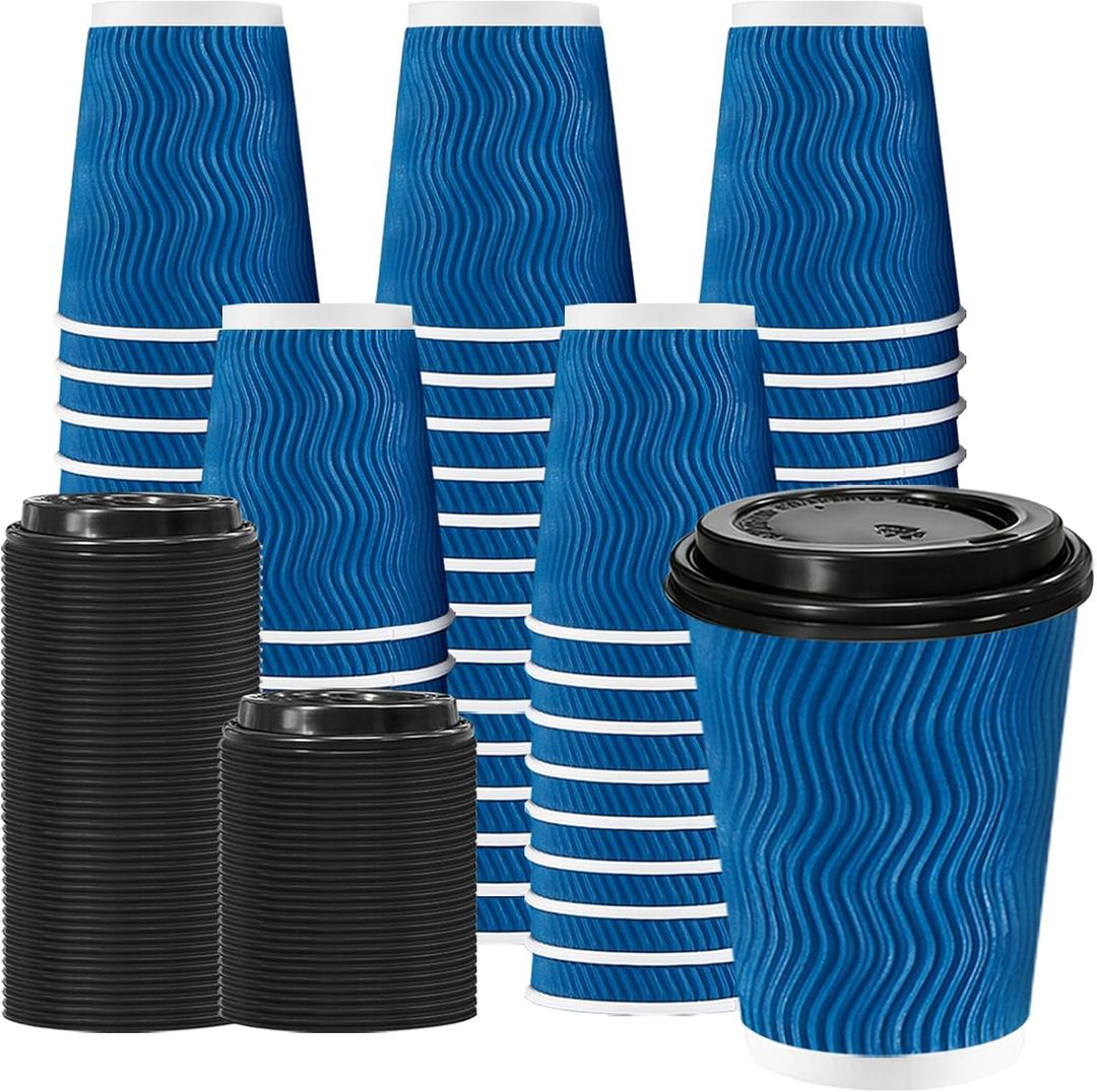 Lamosi 8 oz 100 Pack Disposable Coffee Cups with Lids, Insulated Paper Coffee Cups with Lids, Corrugated Ripple Wall To Go Coffee Cup with Lid for Hot Beverages (Blue)