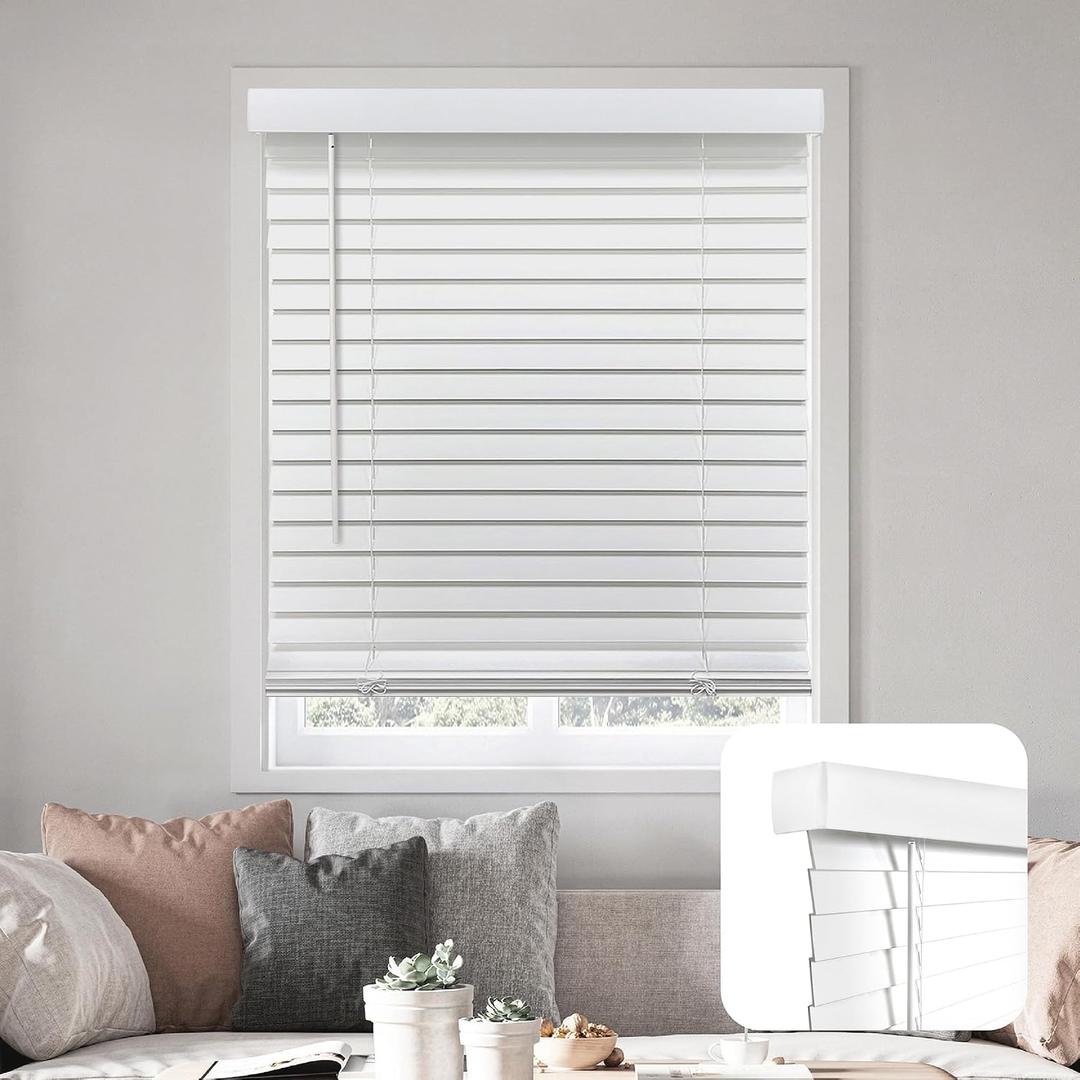 DEZ FURNISHINGS Cordless 2" Smooth Faux Wood Blind, 29.5" W x 64" H, Smooth White