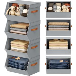 Stackable Closet Organizers and Storage Bins, Open Front Closet Shelf Organizer System With Steel Frame, Clothes Storage Basket Fabric, Collapsible Closet Drawers for Wardrobe, Nursery ,Toy, 4 Pack 11.4 x 12.6 x 9.8