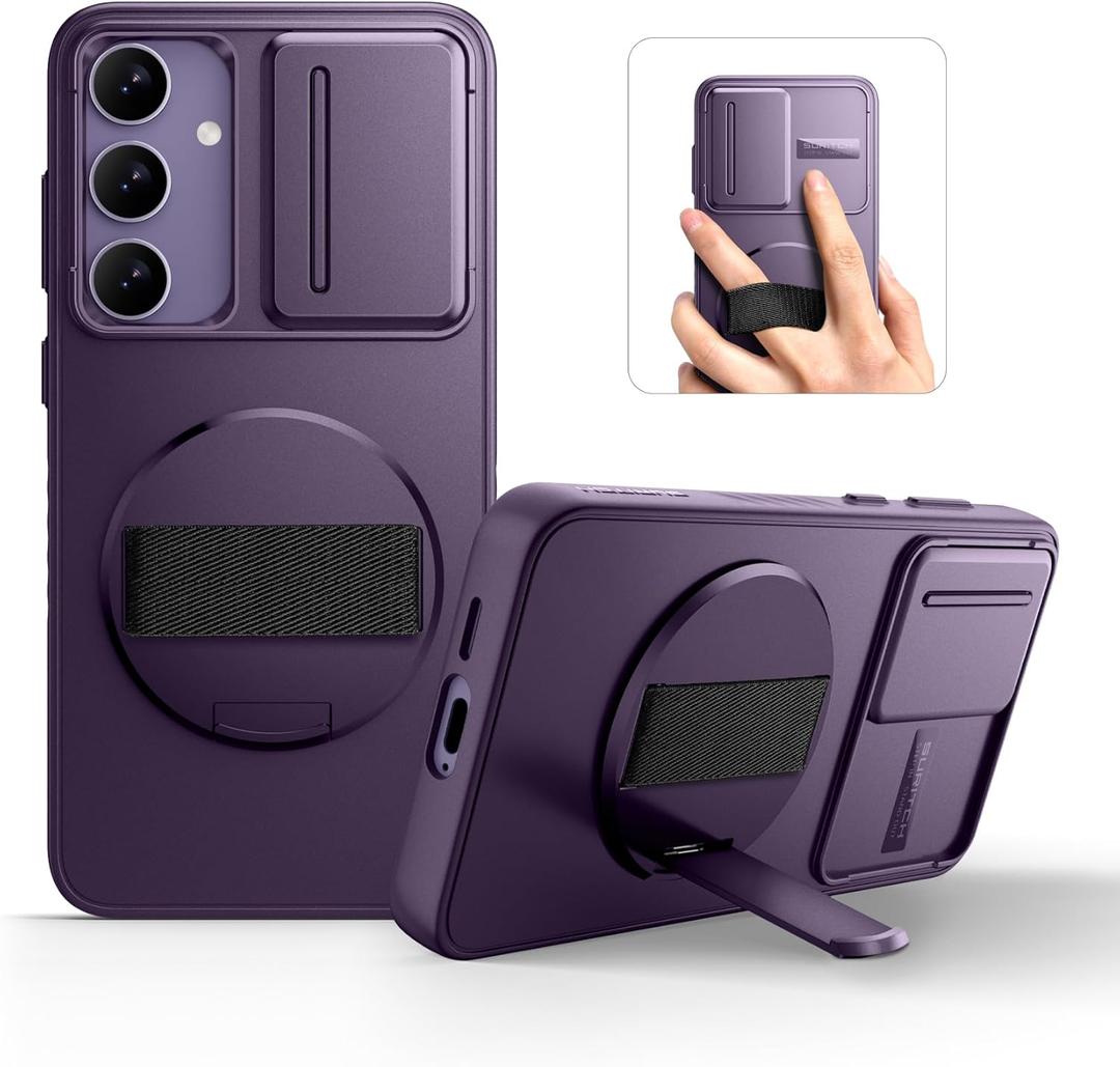 SURITCH for Samsung Galaxy S24 Case with 360° Rotatable Hand Strap Phone Grip & Invisible Kickstand & Slide Camera Cover, Rugged Shockproof Protective Cover for S24 -Dark Purple