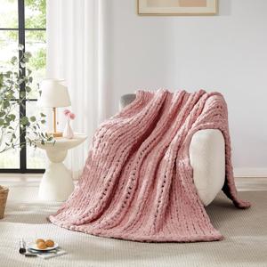 L'AGRATY Chunky Knit Blanket Throw: 72''x84'' Chenille Chunky Knitted Throw Blanket for Bed Couch - Handmade Thick Big Cable Knit Blanket - Large Chunky Crochet Blanket for Home Decor(Rose Pink)