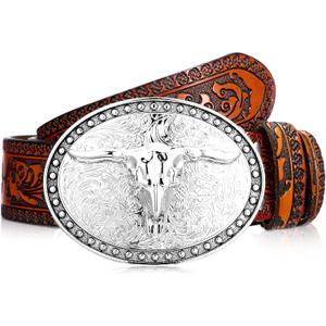 Xuniea Western Belt for Men Longhorn Cowboy Leather Buckle Belt Floral Engraved (39 Inch, Camel Color)