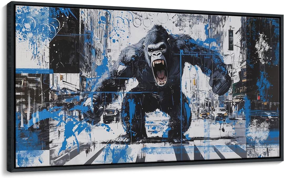 JEAWA Bathroom Framed Wall Art, Angry Gorilla Abstract City Street Graffiti Cool Pop Canvas Paintings Black and White Modern Picture for Living Room Bedroom Men Teenage Boy Game Room Decor 20x40 IN (40L" x 20W")