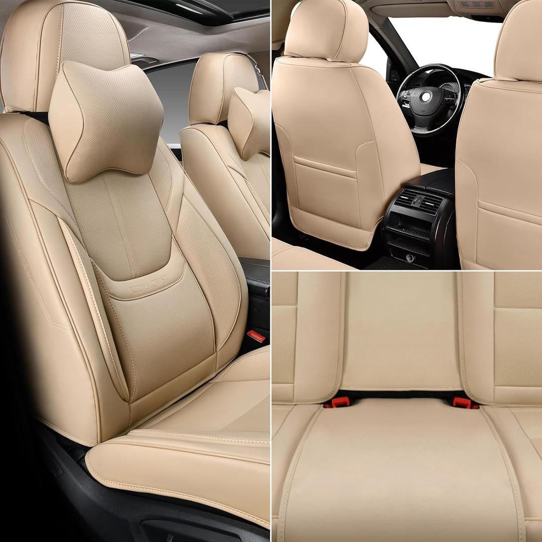 Auto Car Seat Covers Accessories Front Seat Leather Cushion Protector Breathable Waterproof Seat Cover for Cars Universal Fit (Beige, Front Pair)