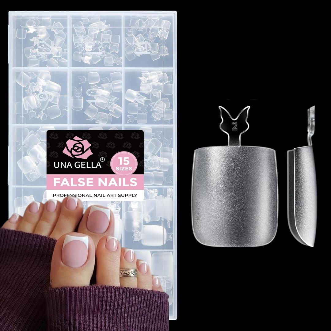UNA GELLA Square Toe Nail Tips 216Pcs 15Sizes Full Cover Long Wider Toe Nail Tips Soft Gel Preetched Double Matte Fake Toe Nails Press Ons For Big Toe Nail Extensions Home DIY Nail Salon Soak Off