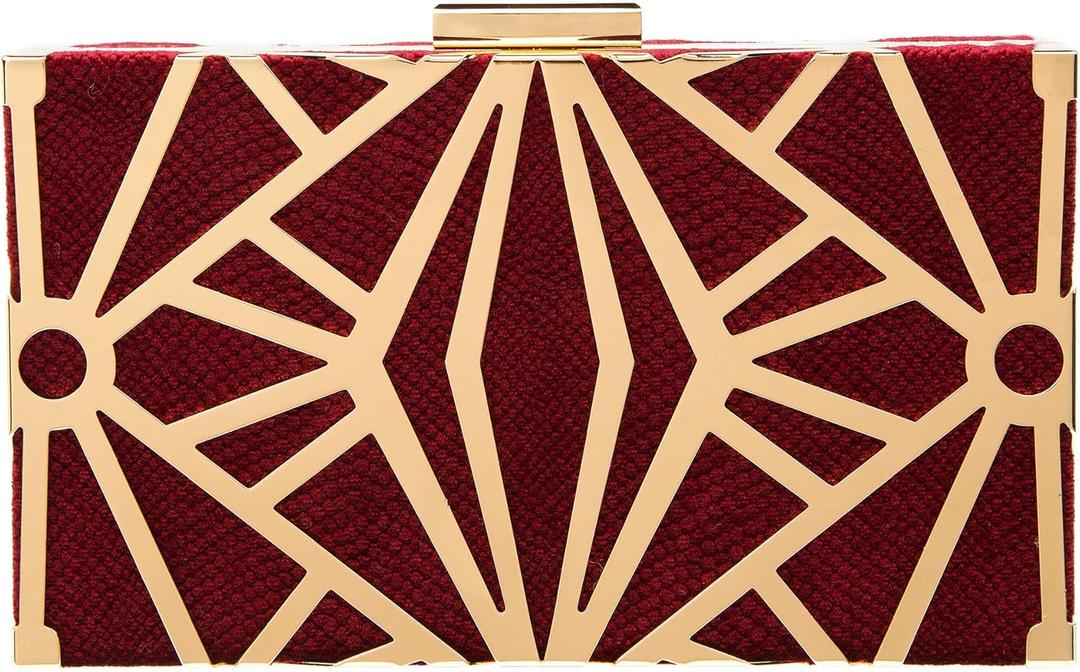 CARIEDO Women Evening Bag Elegant Clutch Purse Exquisite Velvet Metal Hollow out Handbags Prom Wedding Party (Maroon and Gold)