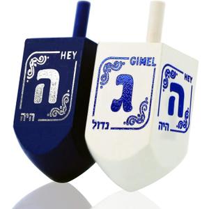 3 x Izzy 'n' Dizzy Hanukkah Dreidels - Extra Large Blue and White Wooden Dreidel - 2 Pack